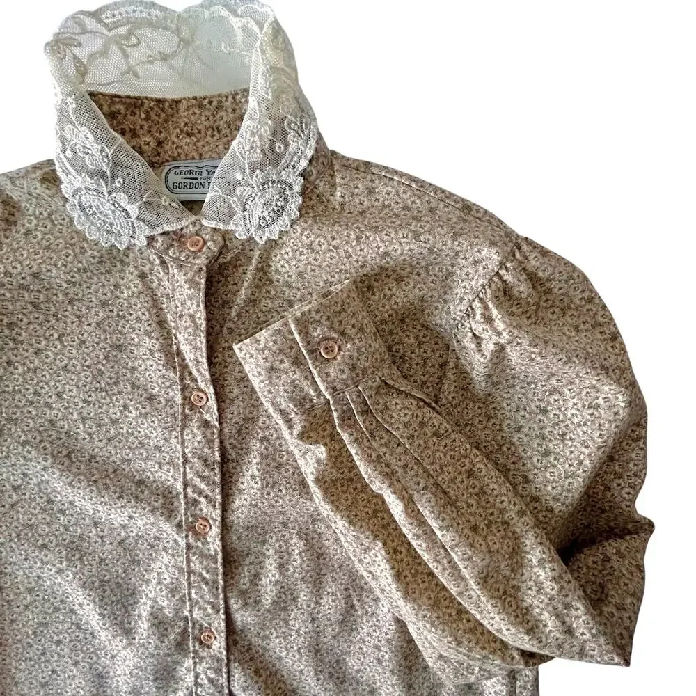 Vintage 70s Prairie Micro Floral Puffy Sleeves Lace Trim Cottage Pioneer Small - Picture 6 of 11